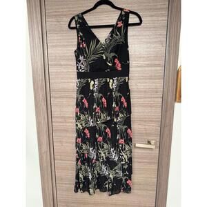 Ted Baker London Black Floral Pleated Midi Dress Sleeveless V-Neck Layered Skirt